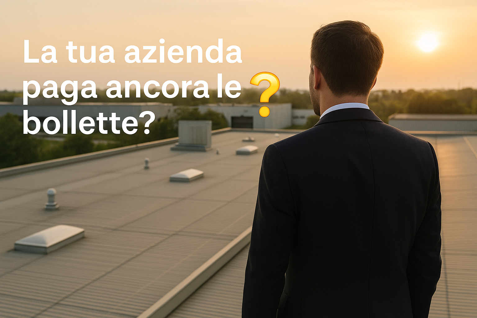 Imprenditore guarda il tetto aziendale al tramonto