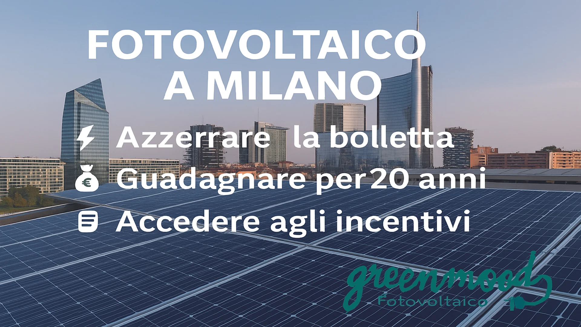 Impianto fotovoltaico installato a Milano con skyline sullo sfondo