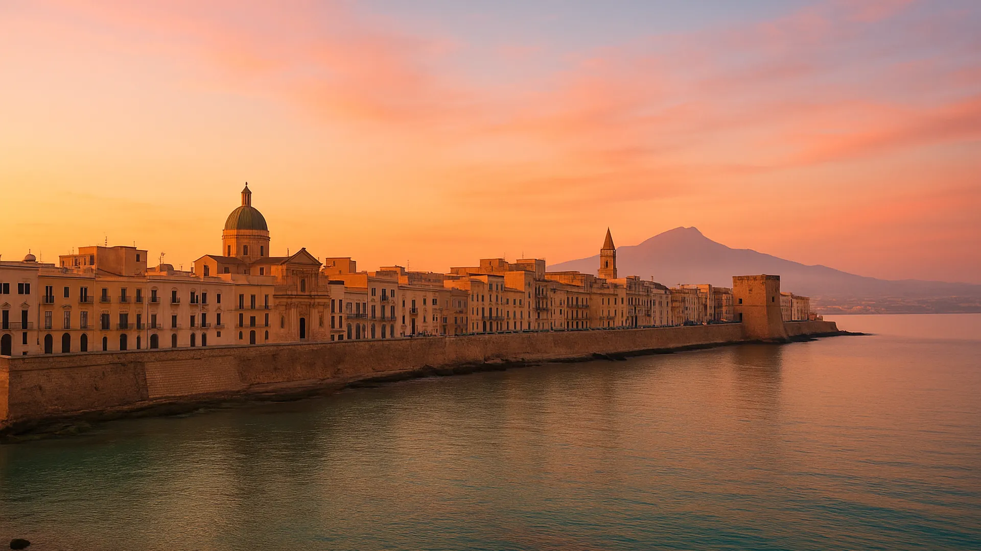 Il lungomare di Trapani al tramonto, con le mura storiche affacciate sul mare