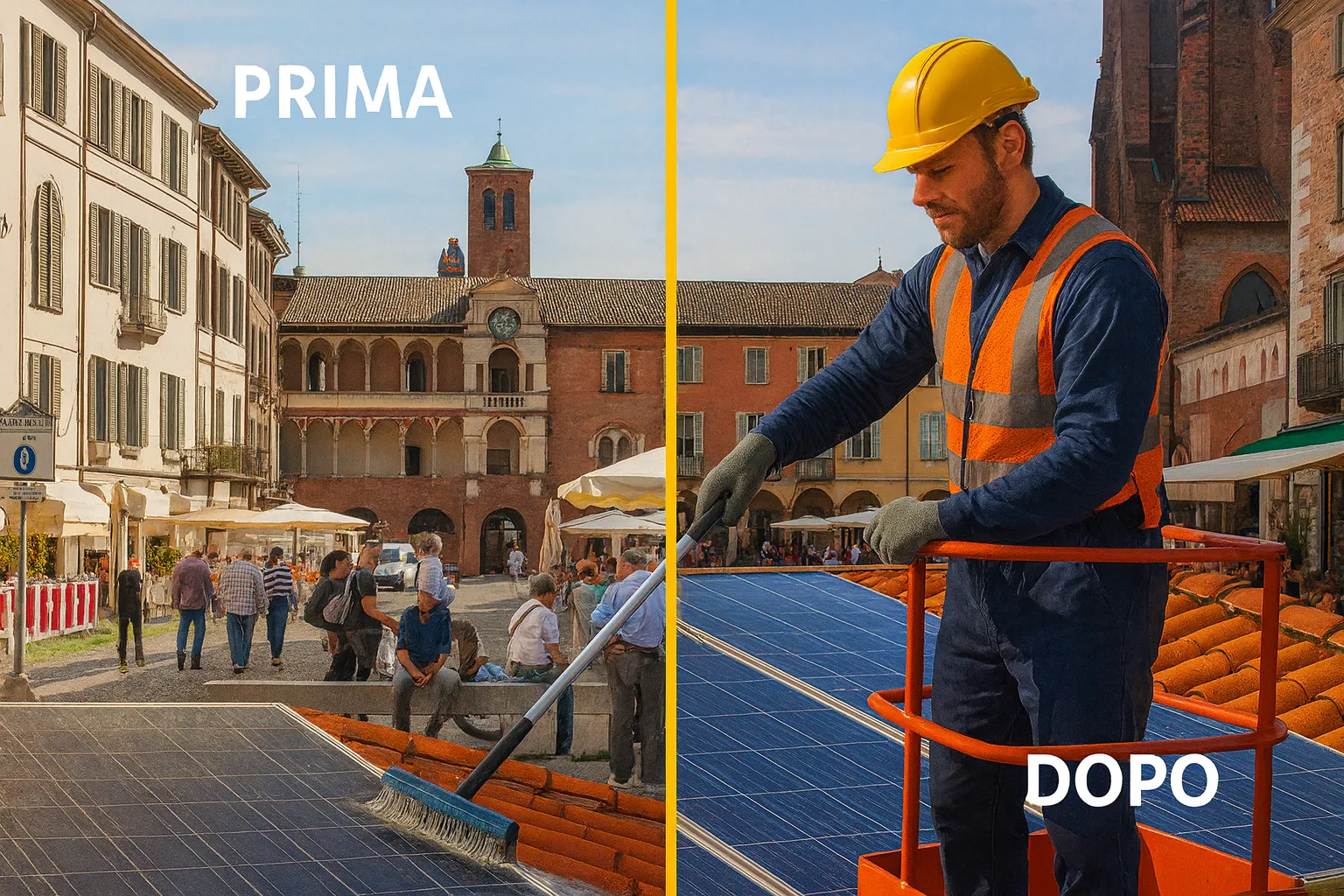Pannelli solari prima e dopo la pulizia a Pavia