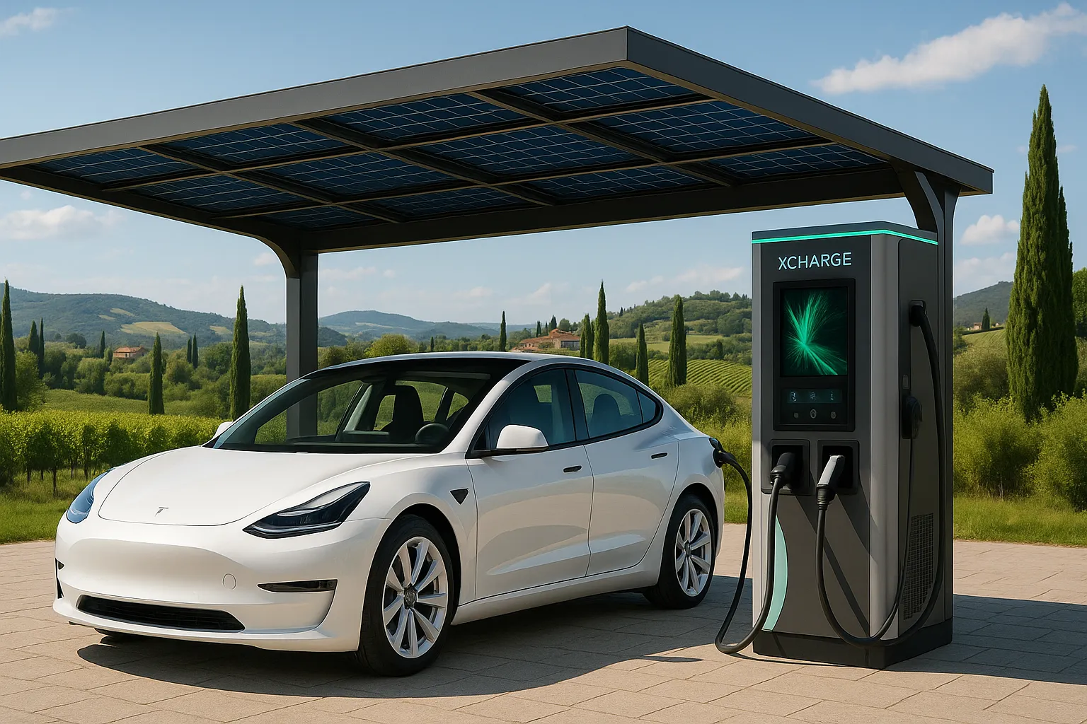 Tesla in ricarica sotto pensilina fotovoltaica Green Mood Italia