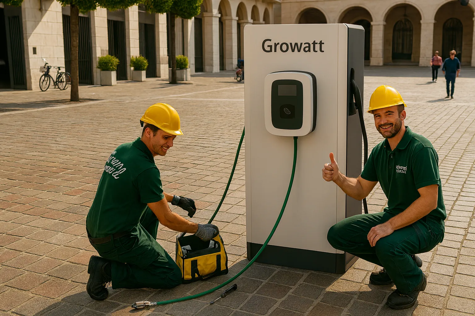 Tecnici Green Mood Italia durante installazione colonnina EV a Bergamo