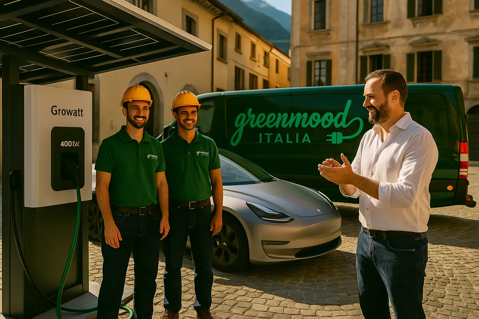 Tecnici Green Mood installano colonnina EV ad Aosta
