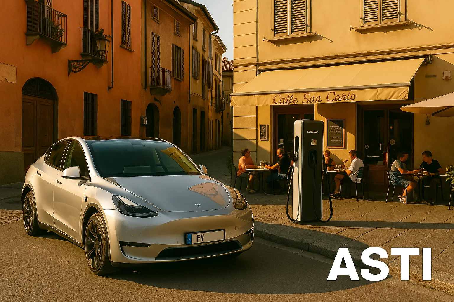 Tesla davanti a un bar ad Asti