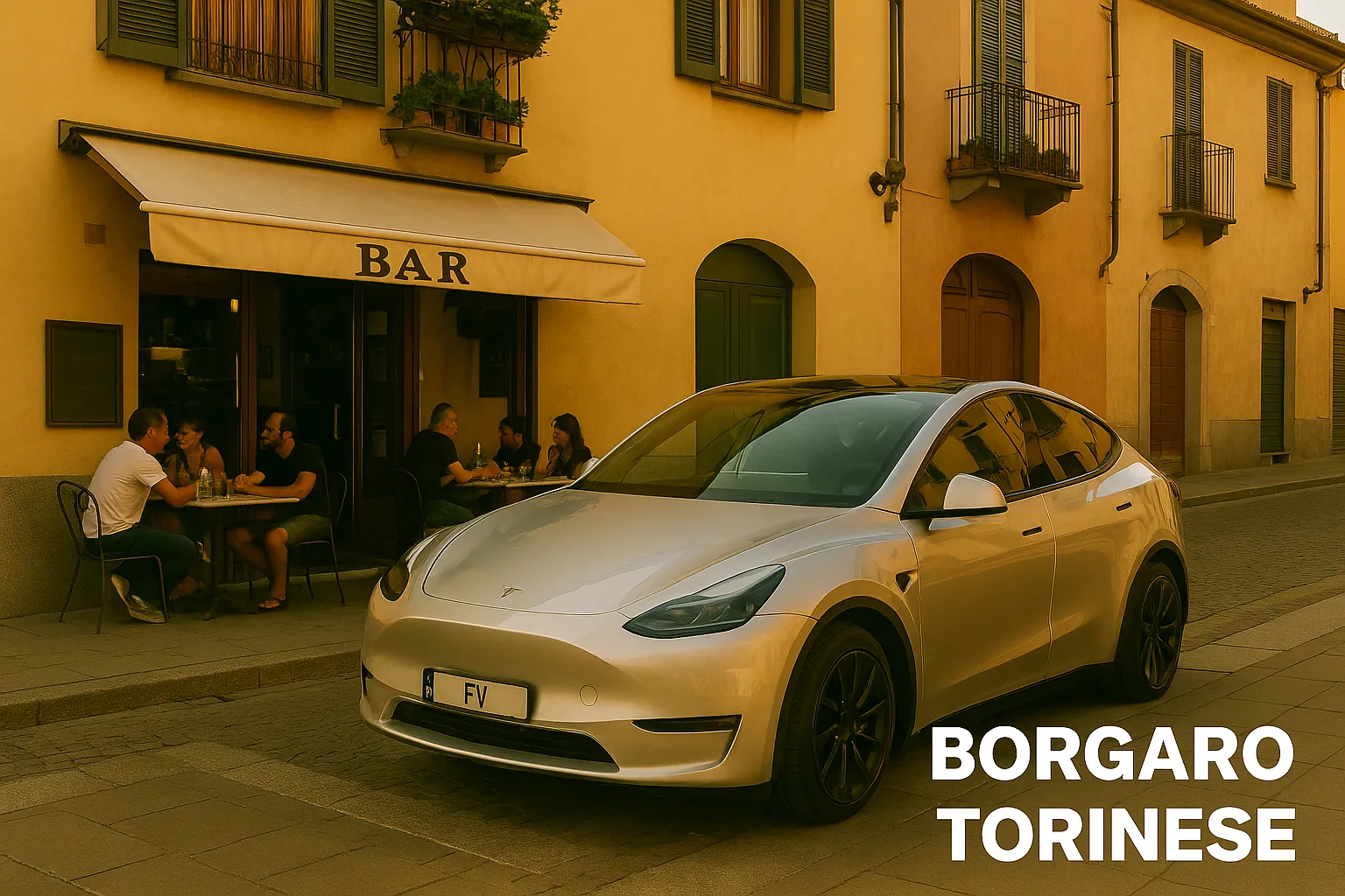 Auto elettrica a Borgaro Torinese davanti a un bar sotto il sole