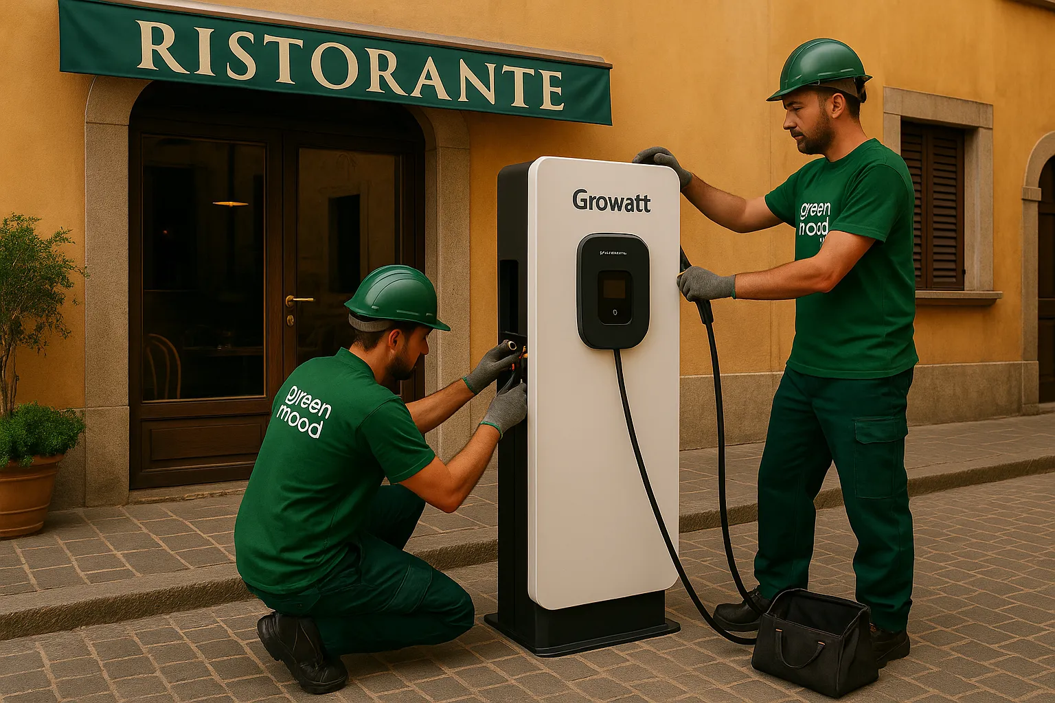 Tecnici Green Mood Italia durante installazione colonnina EV a Brescia