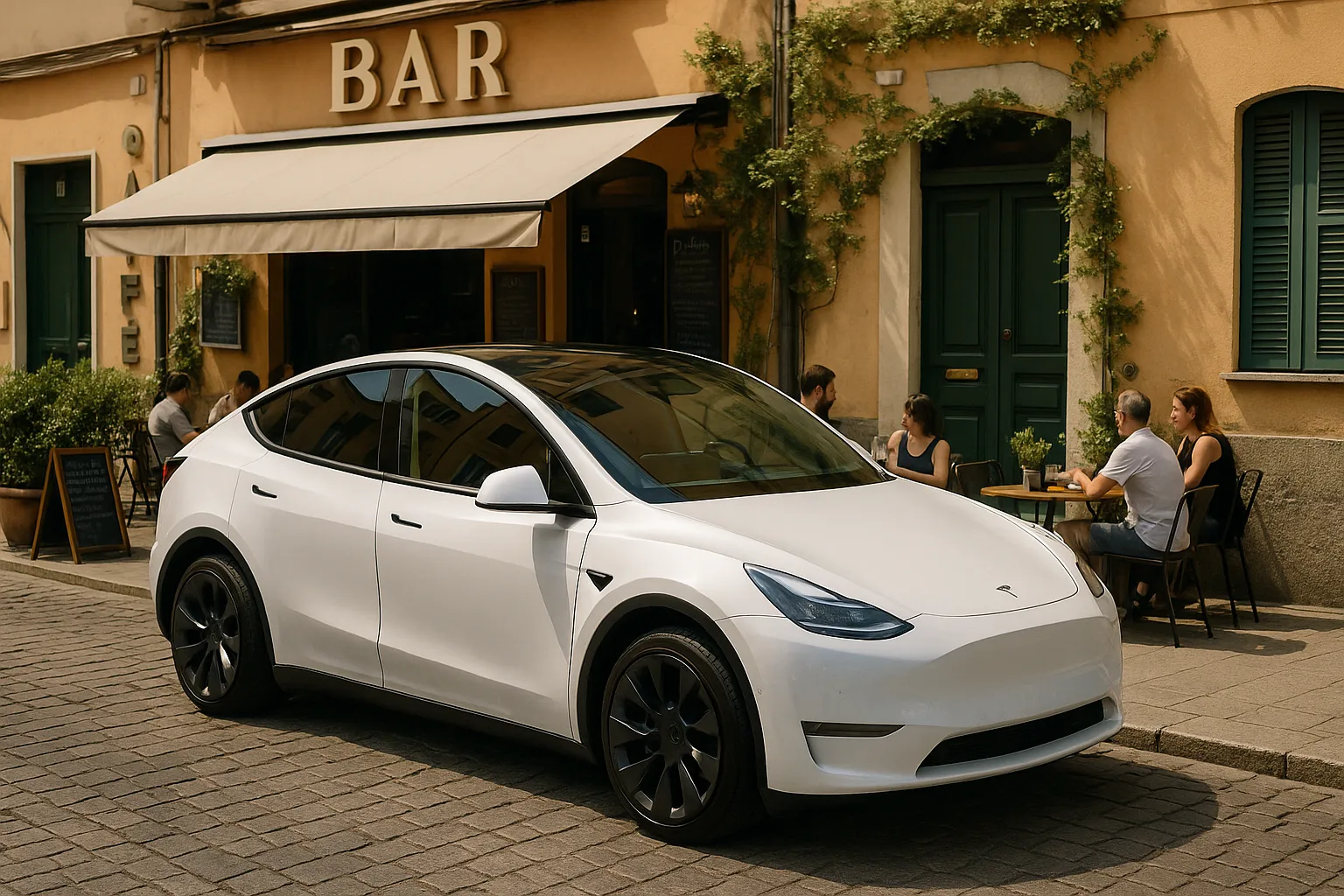 Tesla Model Y davanti a un bar di Cagliari – Green Mood Italia