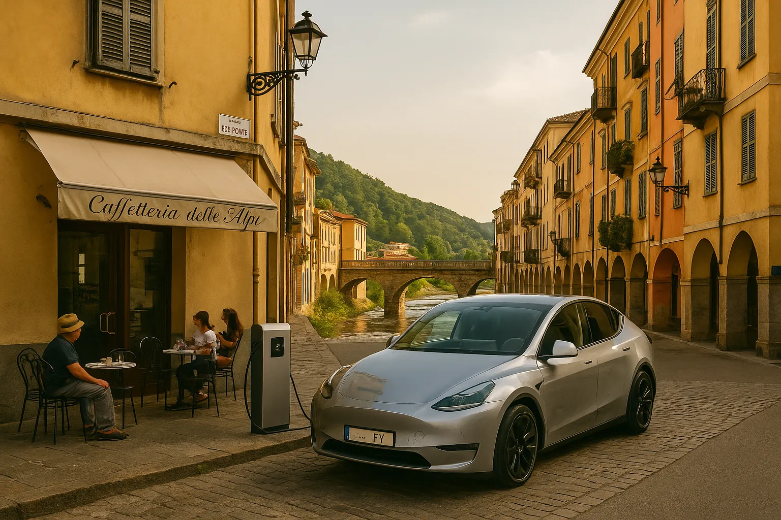 Auto elettrica a Ceva davanti a un bar sotto il sole