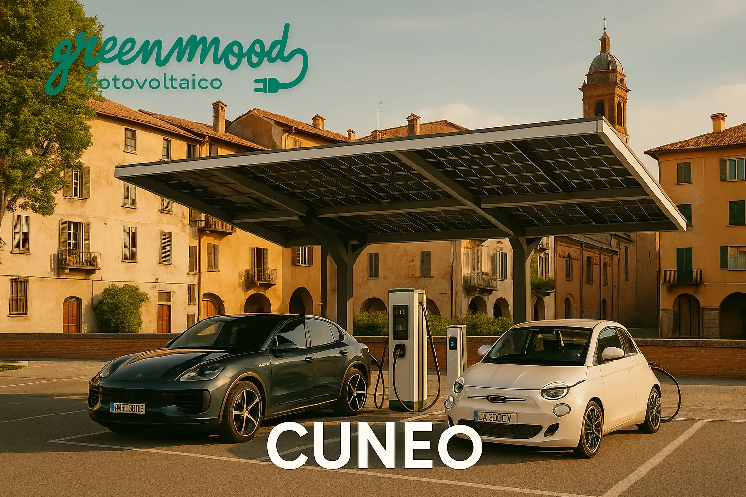 Auto elettrica a Cuneo davanti a un bar sotto il sole