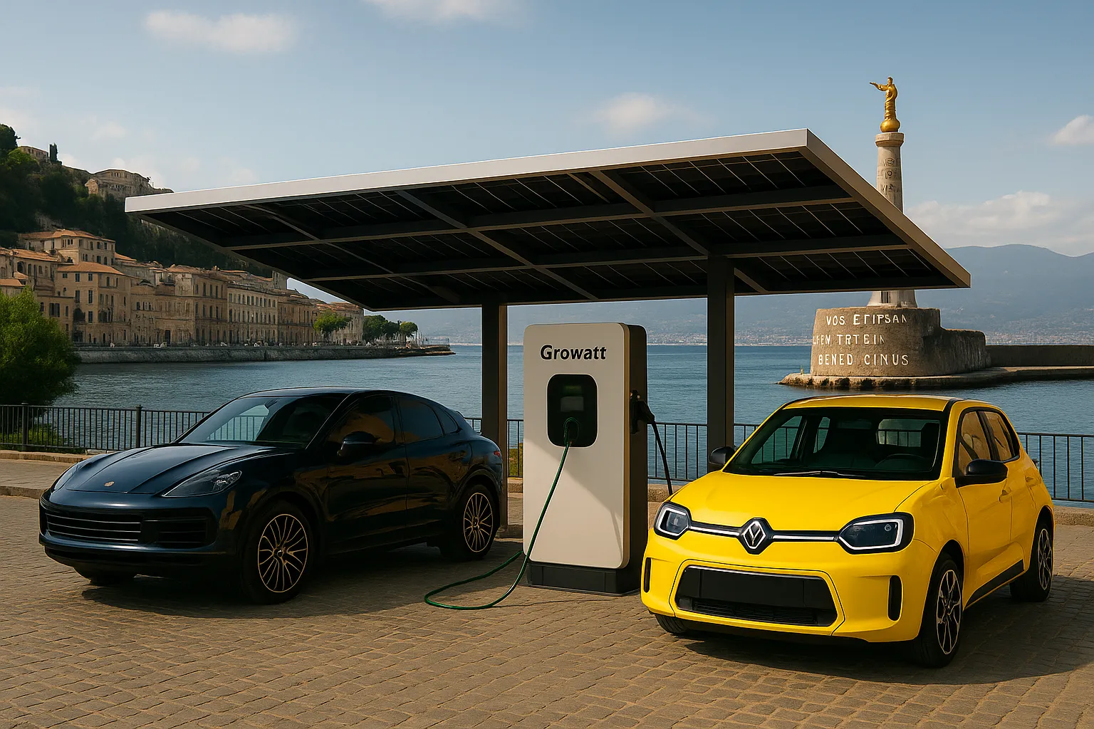 Pensilina fotovoltaica a Messina con auto elettriche in ricarica