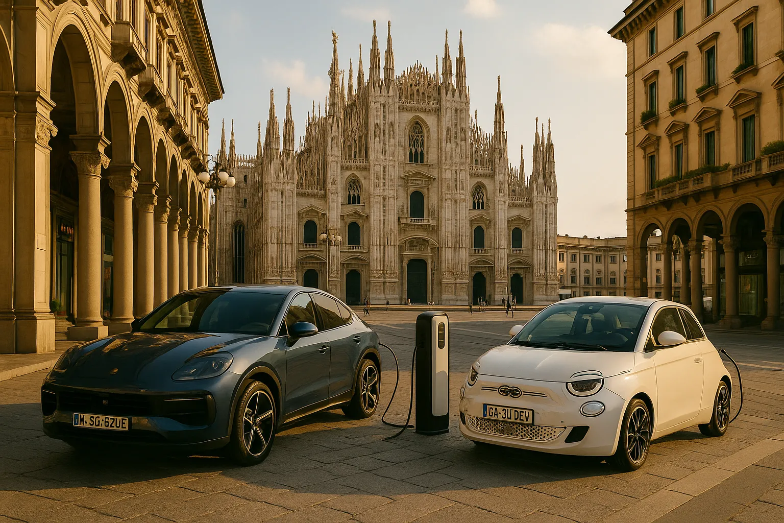 Tesla davanti a bar di Milano con sole