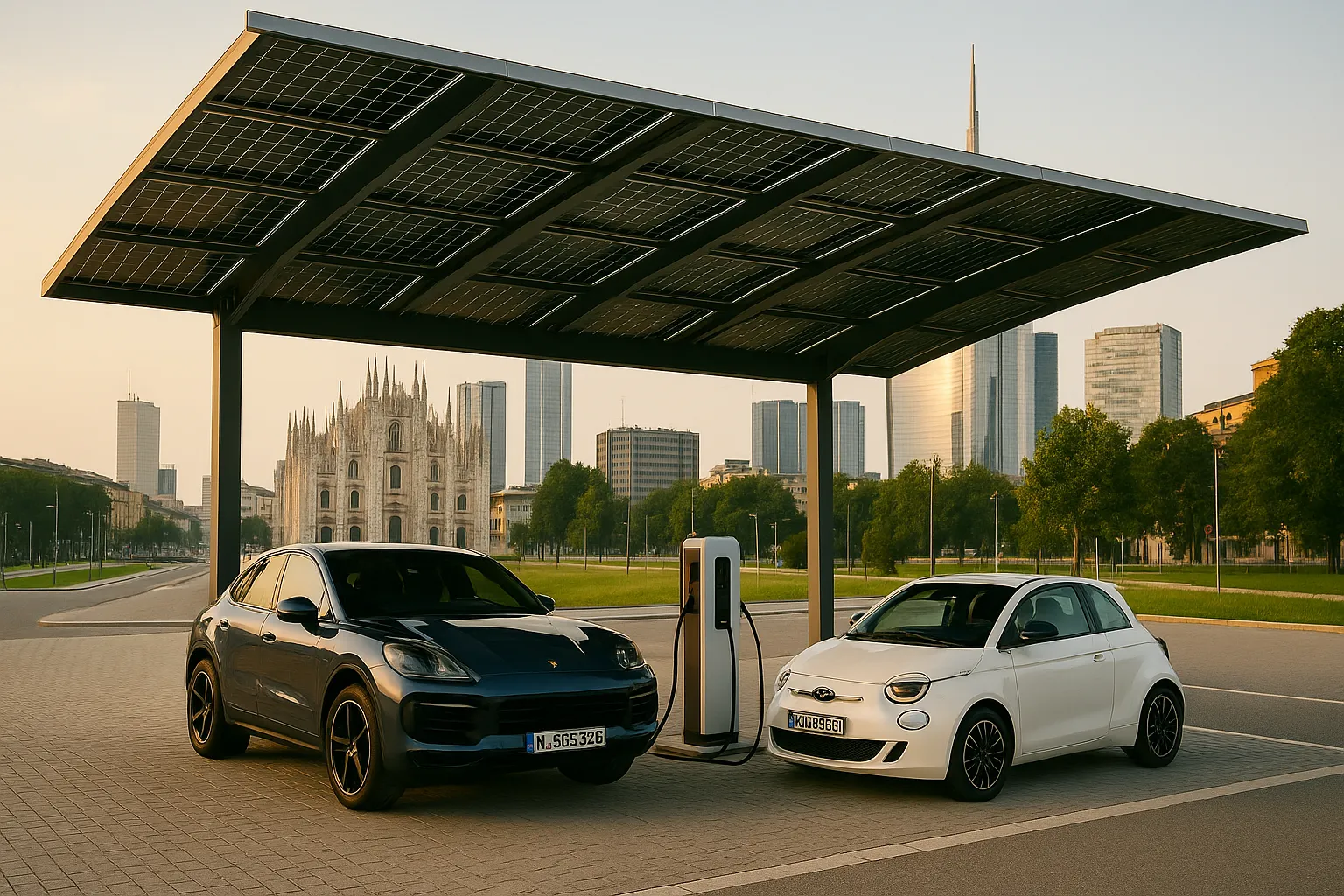 Pensilina fotovoltaica con auto elettriche a Milano