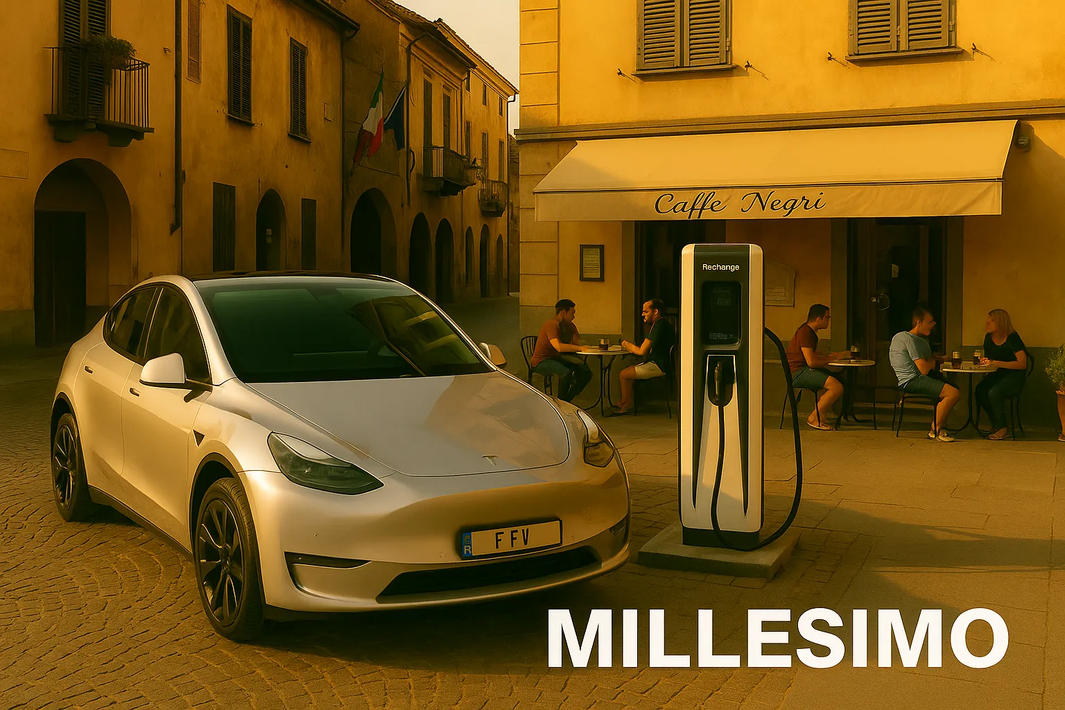 Auto elettrica a Millesimo davanti a un bar sotto il sole