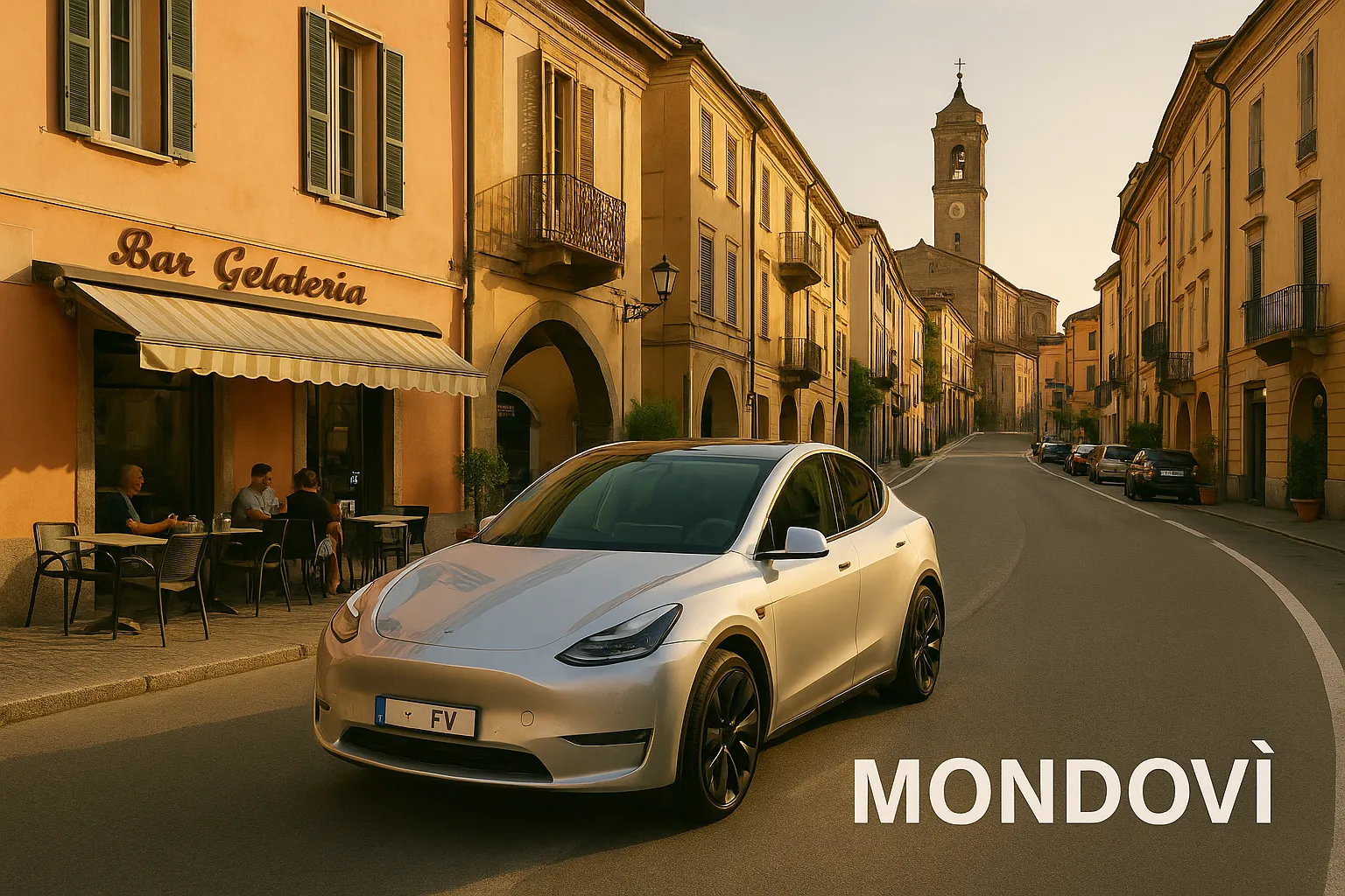 Tesla davanti a un bar a Mondovì sotto il sole