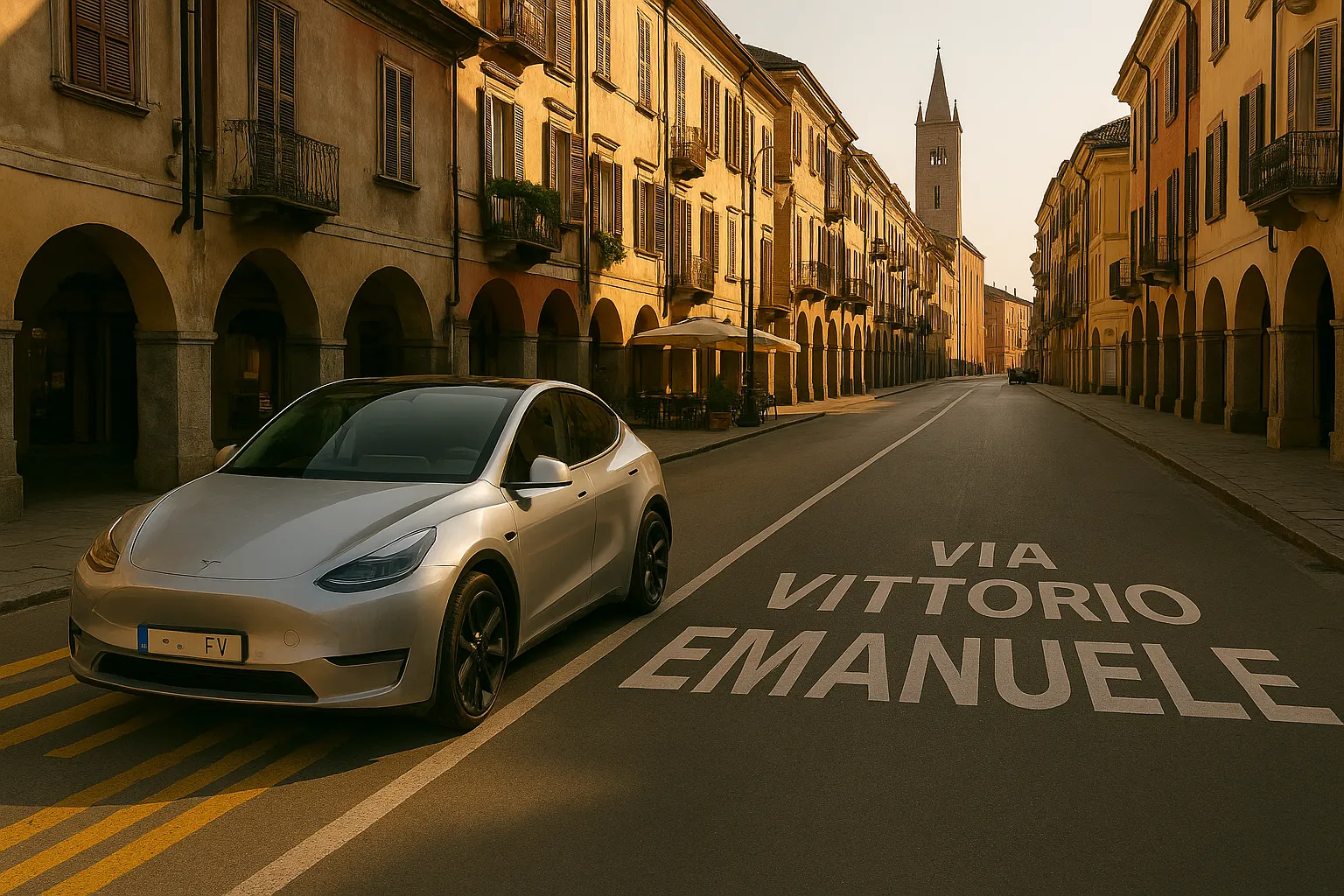 Auto elettrica a Pinerolo davanti a un bar sotto il sole