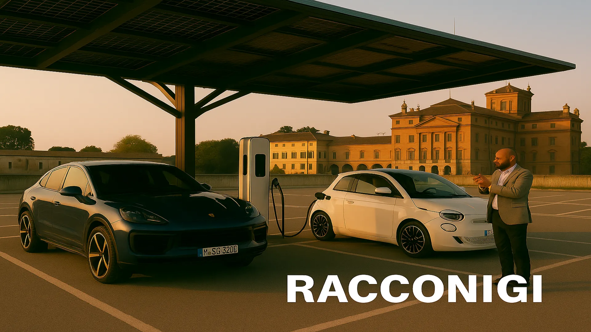 Auto elettrica sotto pensilina fotovoltaica a Racconigi