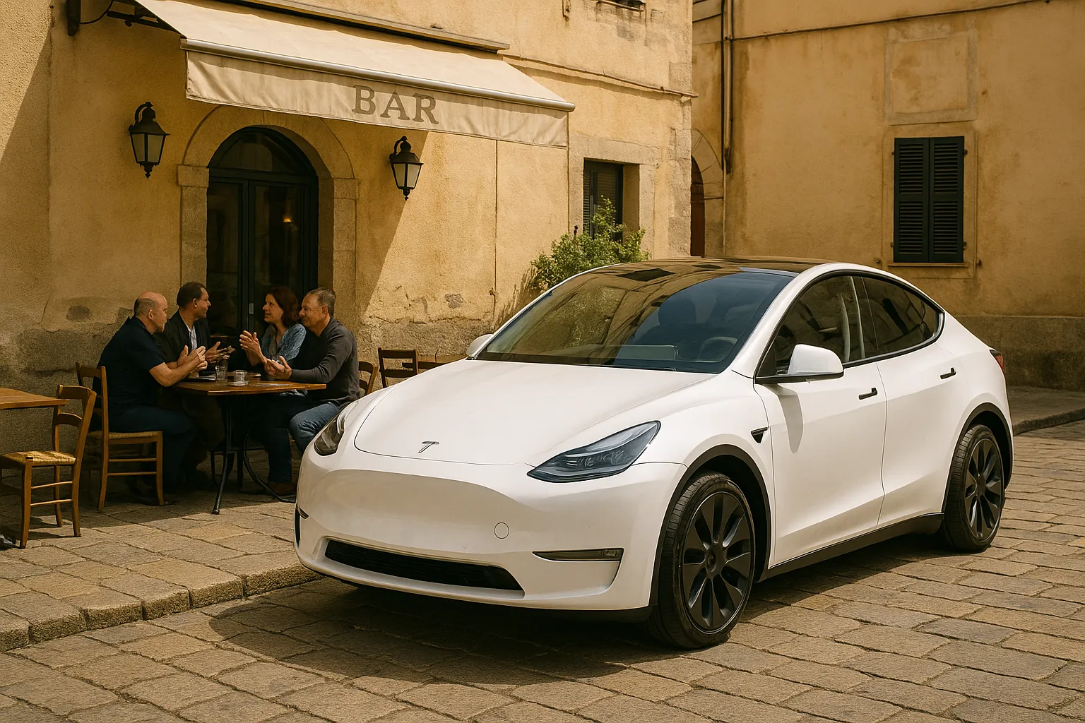 Tesla Model Y davanti a un bar di Sassari – Green Mood Italia