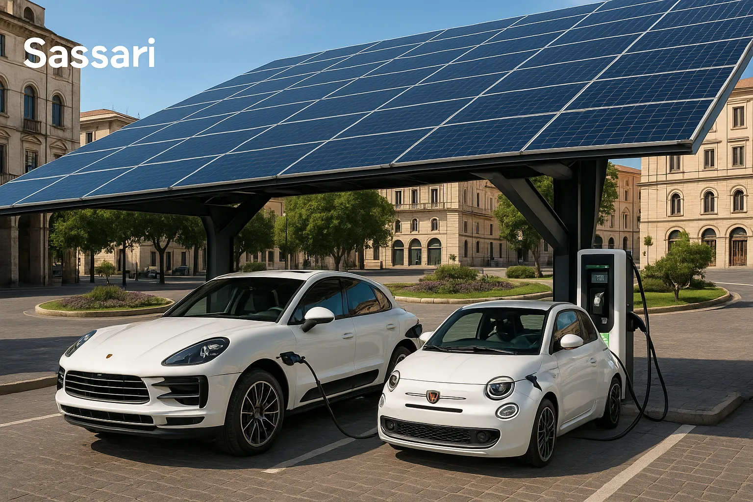 Pensilina fotovoltaica a Sassari con auto elettriche