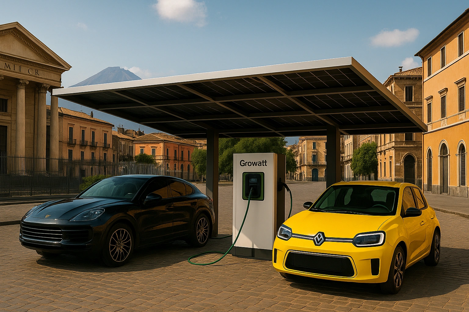 Pensilina fotovoltaica a Catania con auto elettriche in ricarica