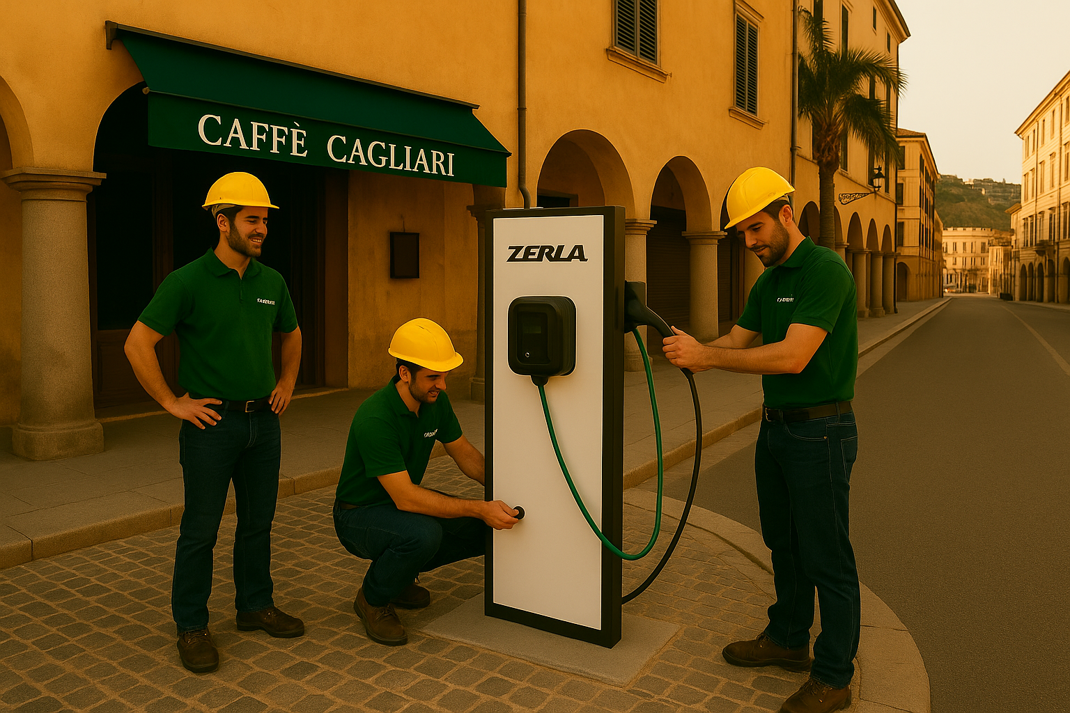 Tecnici Green Mood installano colonnina EV a Cagliari