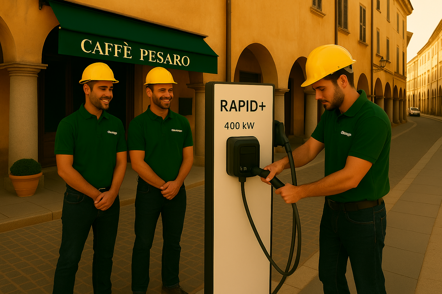 Tecnici Green Mood installano colonnina EV a Pesaro