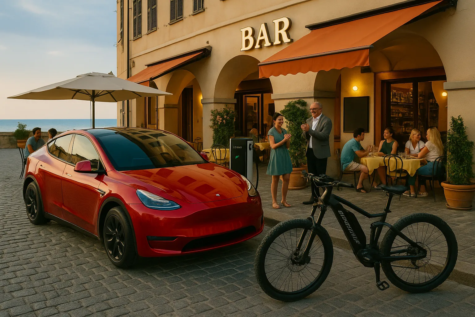 Colonnina EV a Finale Ligure, bar con Tesla e MTB