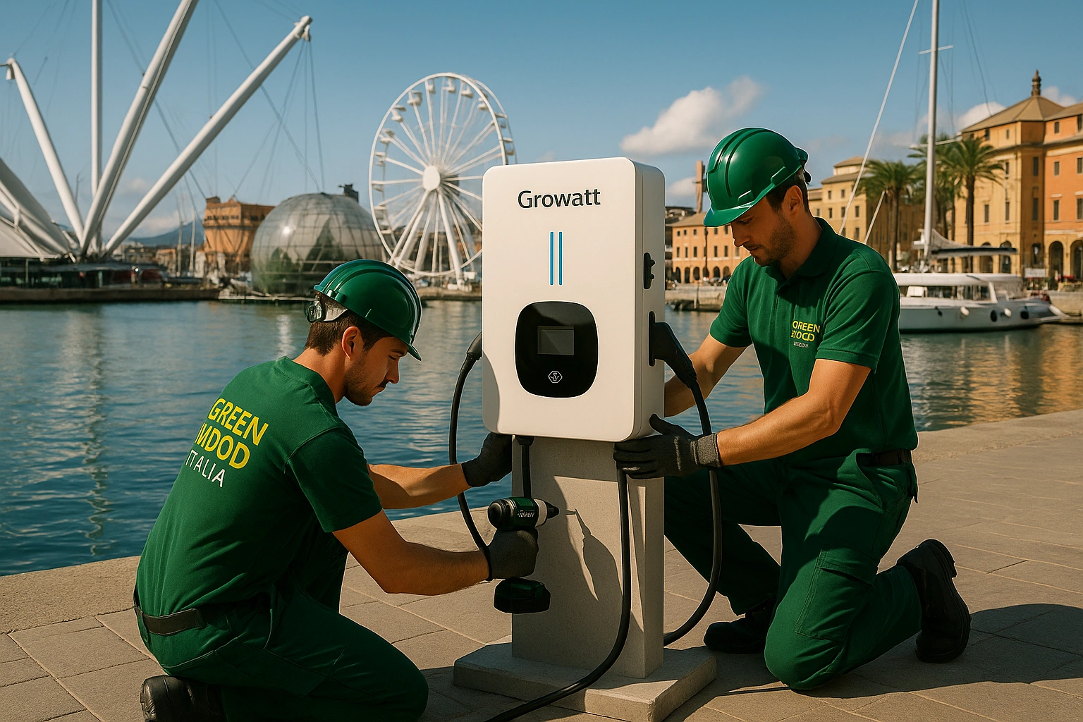 Tecnici Green Mood installano colonnina EV a Genova