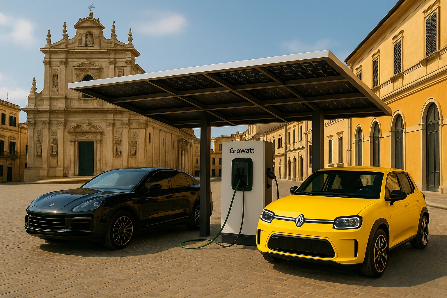 Pensilina fotovoltaica realistica a Lecce con auto elettriche in ricarica