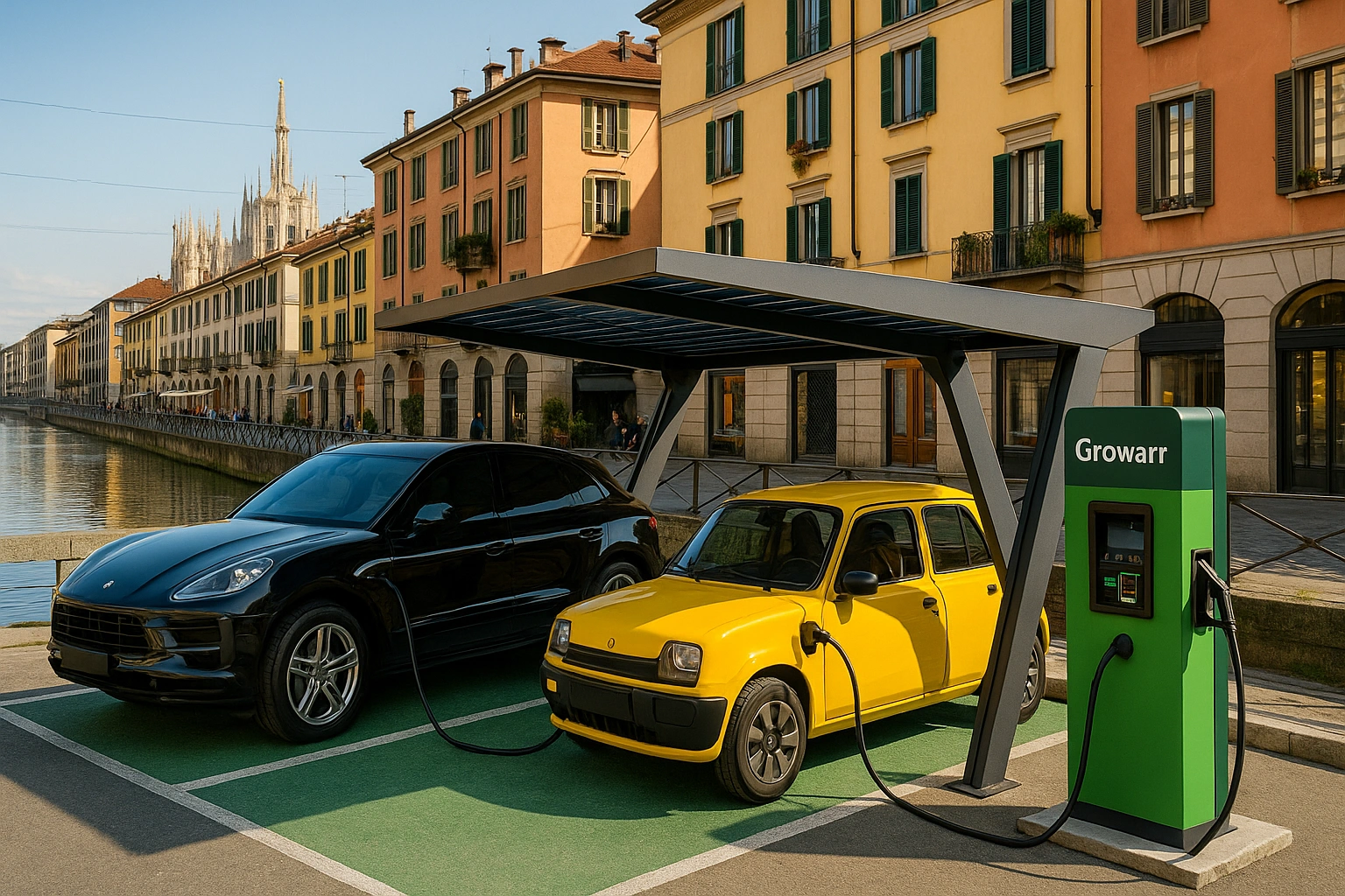 Colonnina con pensilina fotovoltaica installata a Milano da Green Mood