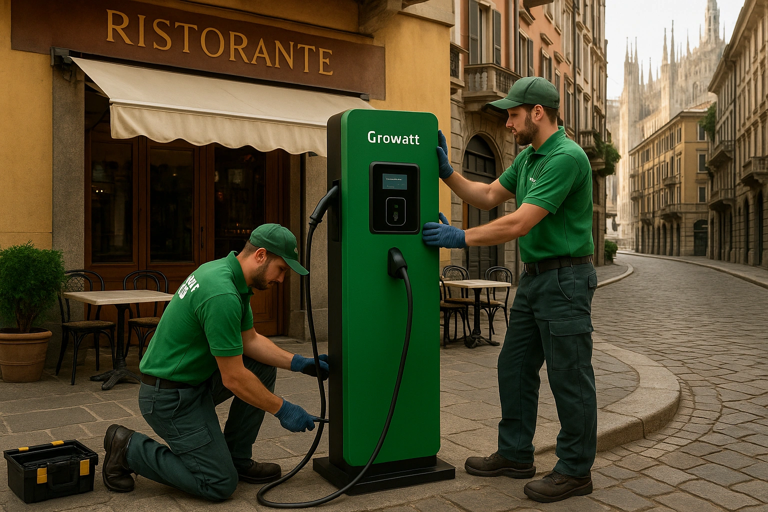 Tecnici Green Mood installano colonnina EV a Milano