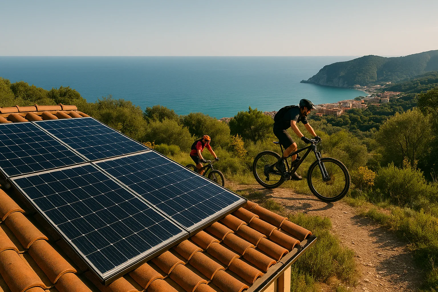 Panorama di Finale Ligure con bici MTB e pannelli fotovoltaici