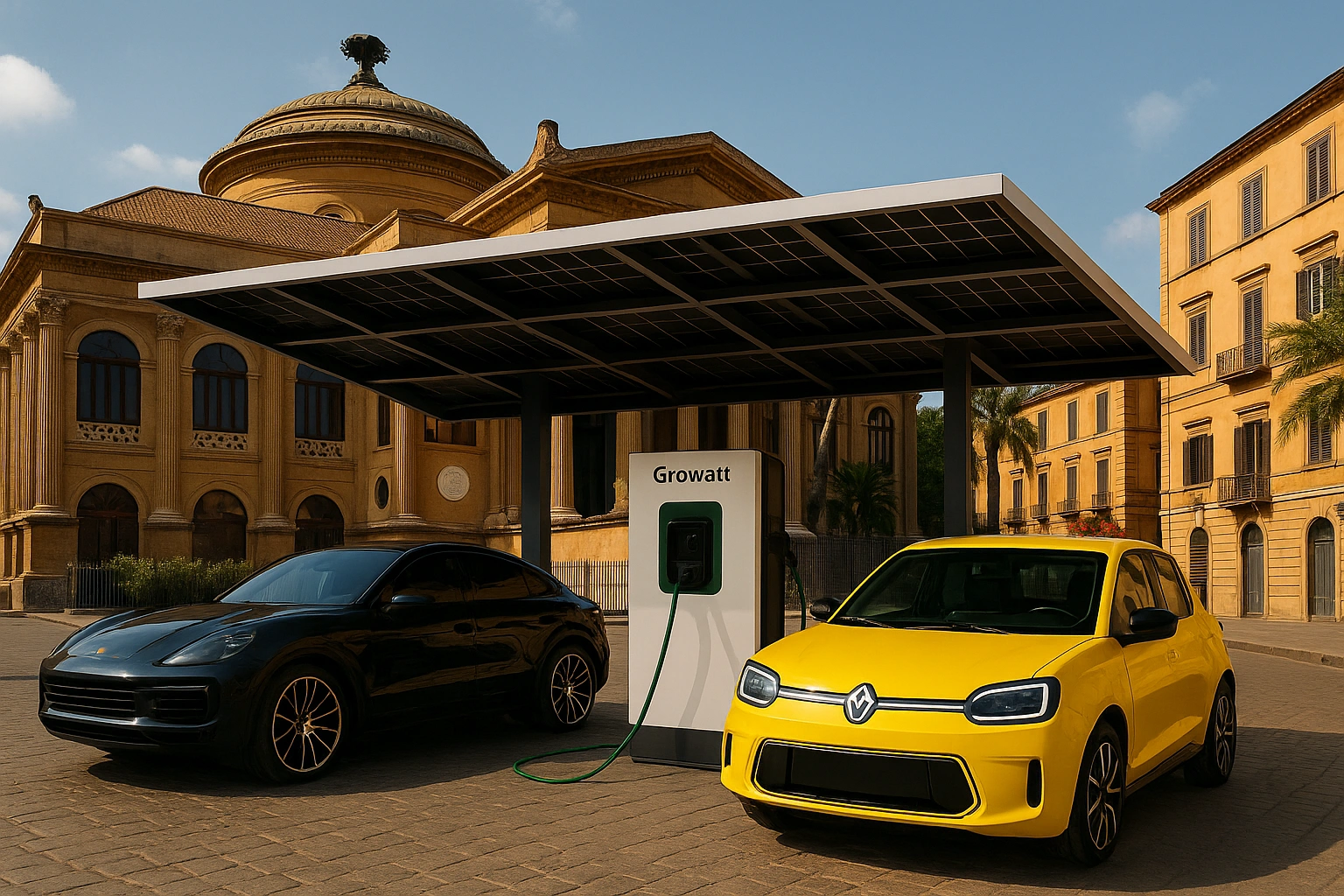Pensilina fotovoltaica a Palermo con auto elettriche in ricarica