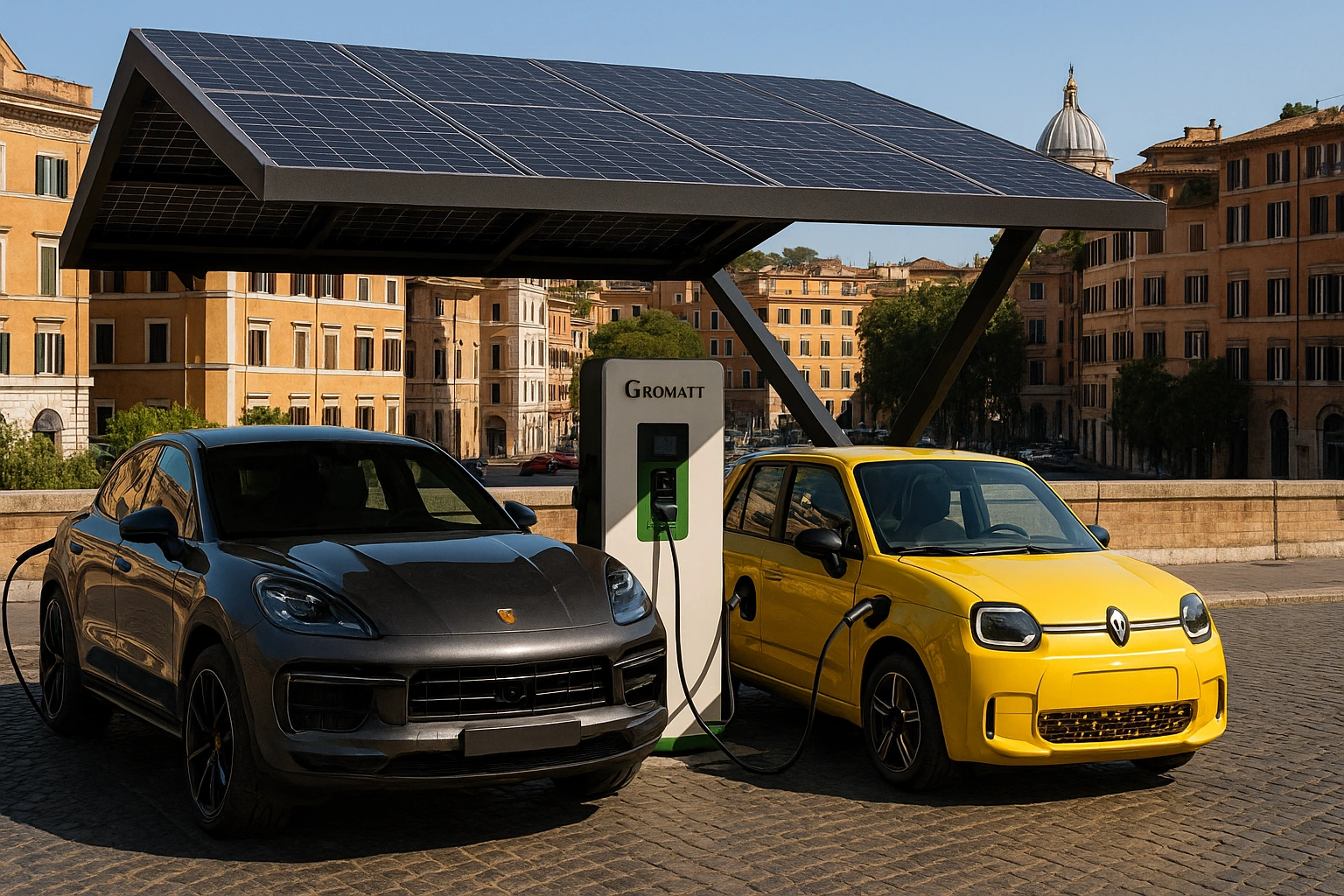 Pensilina fotovoltaica con colonnina EV a Roma