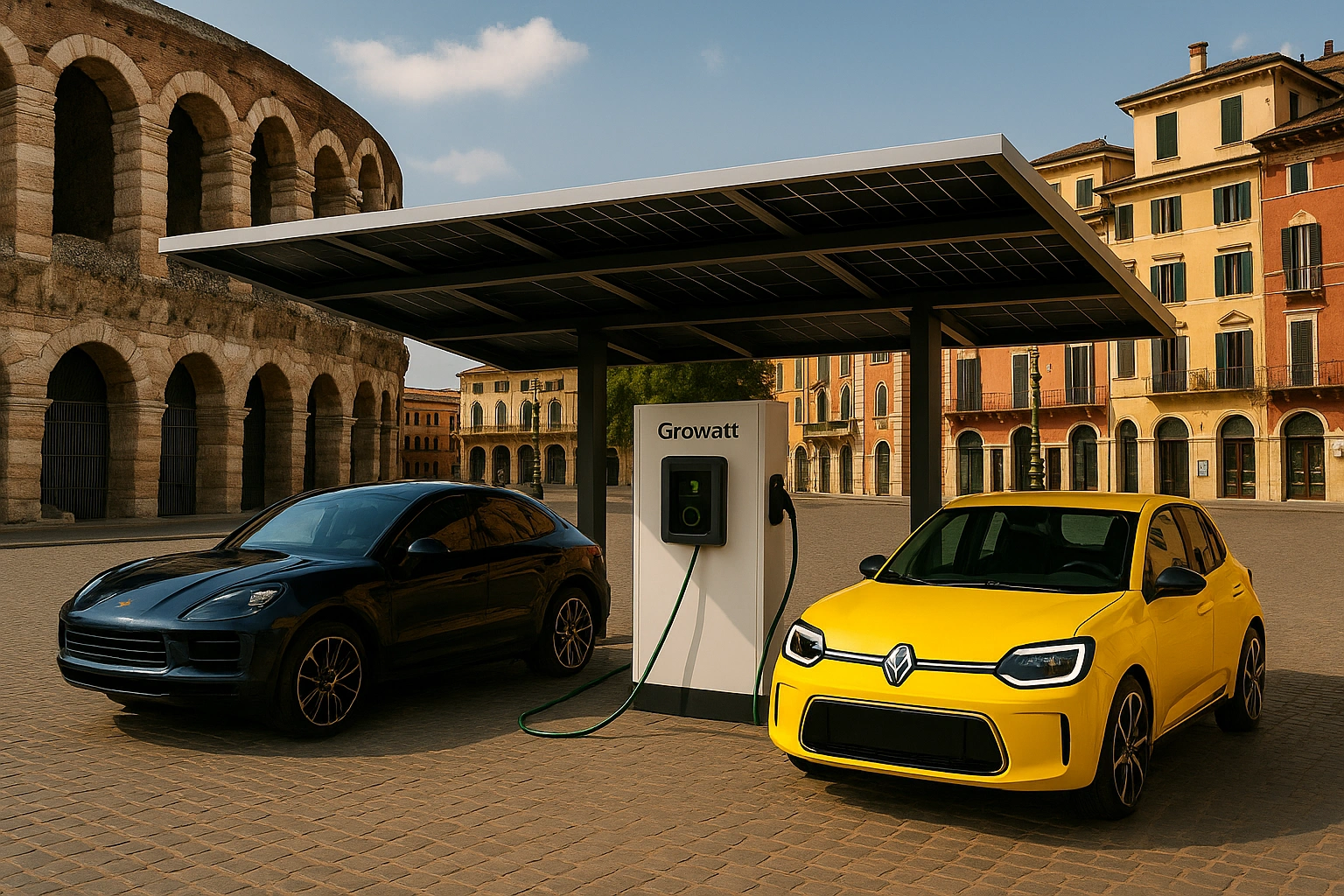 Pensilina fotovoltaica a Verona con auto elettriche in ricarica