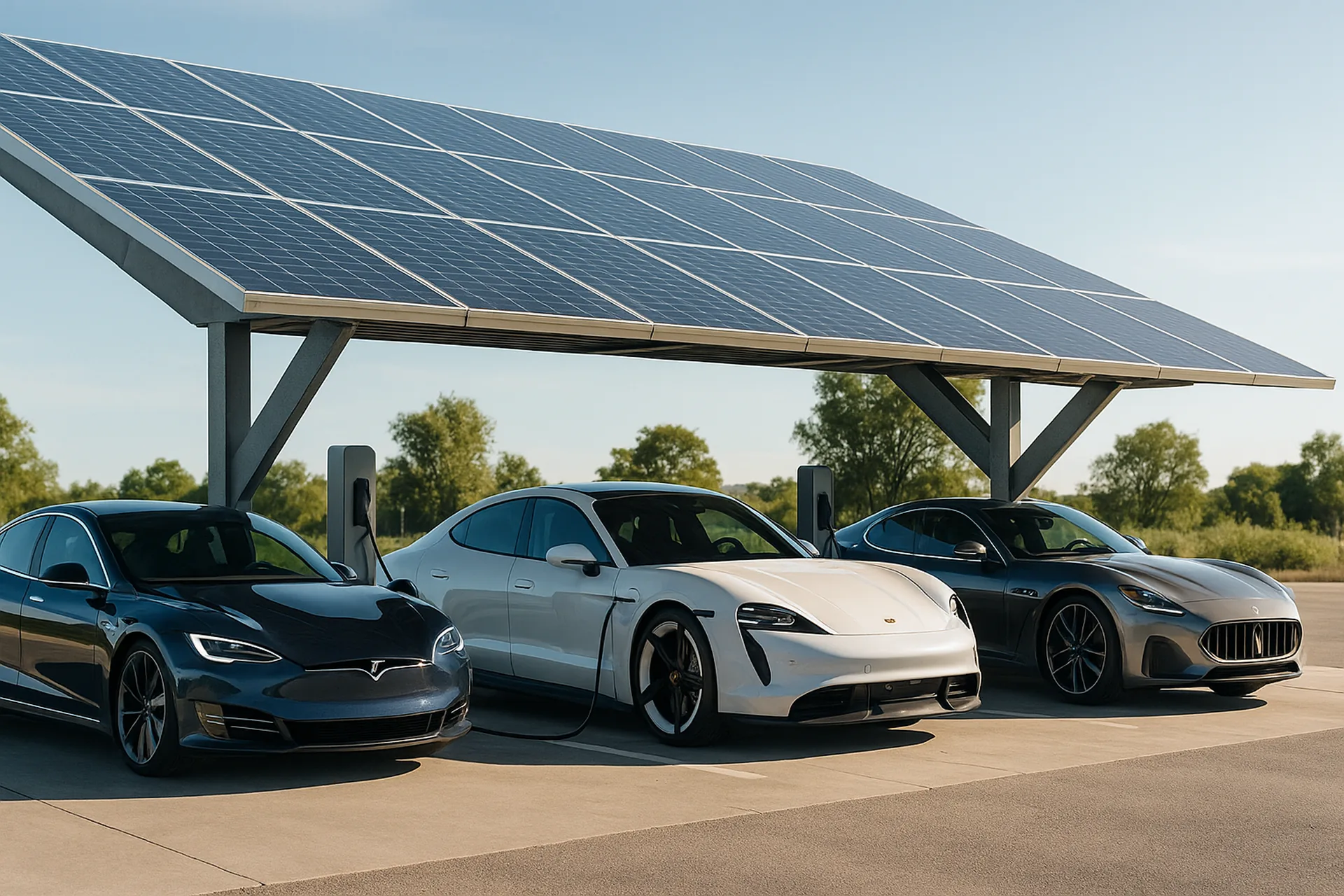 Pensiline fotovoltaiche con auto elettriche in ricarica