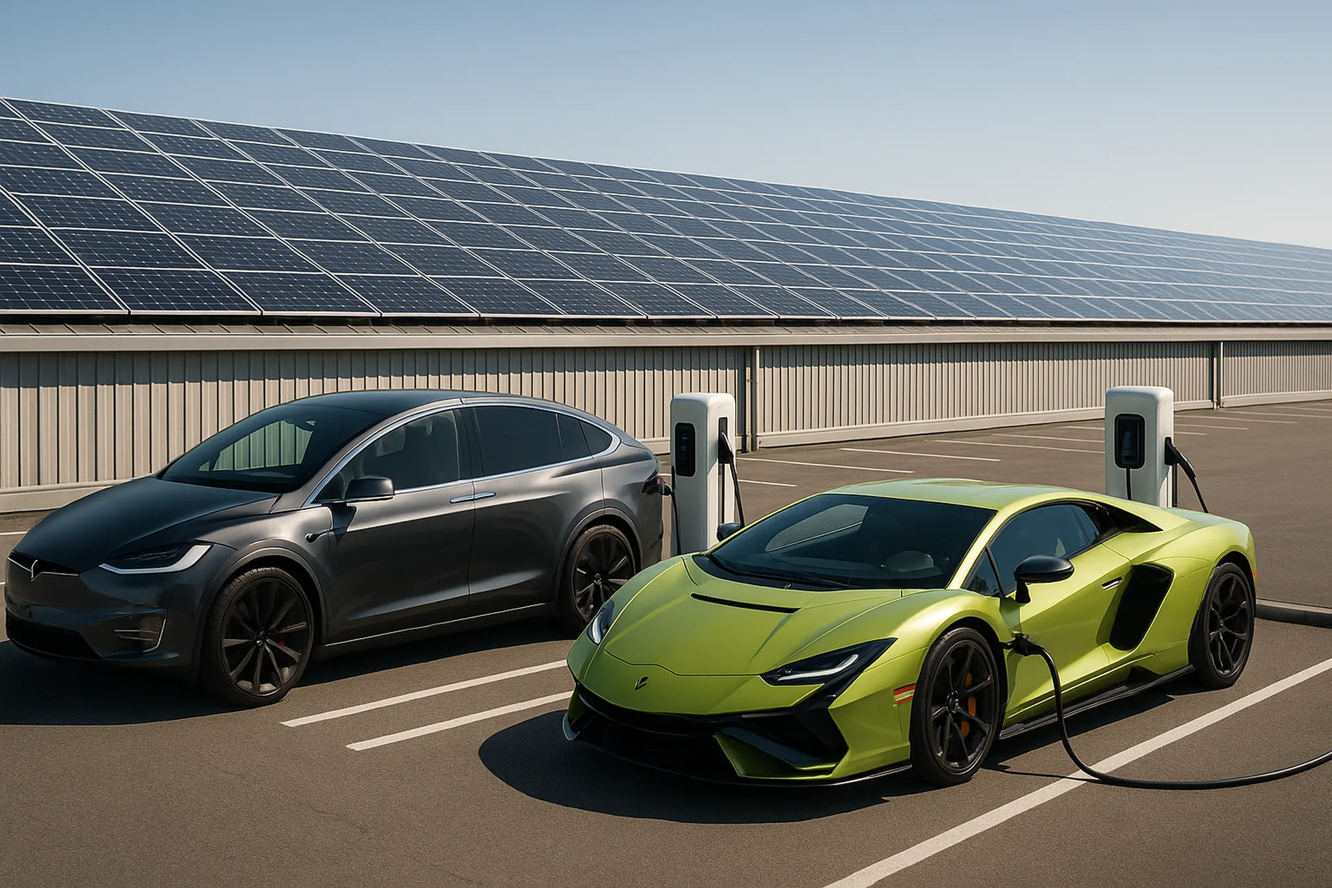 Auto di lusso in ricarica sotto pensiline solari