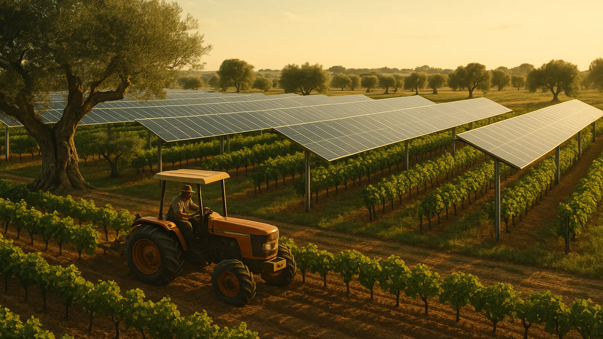 Paesaggio agrivoltaico in Puglia con ulivi e vigneti