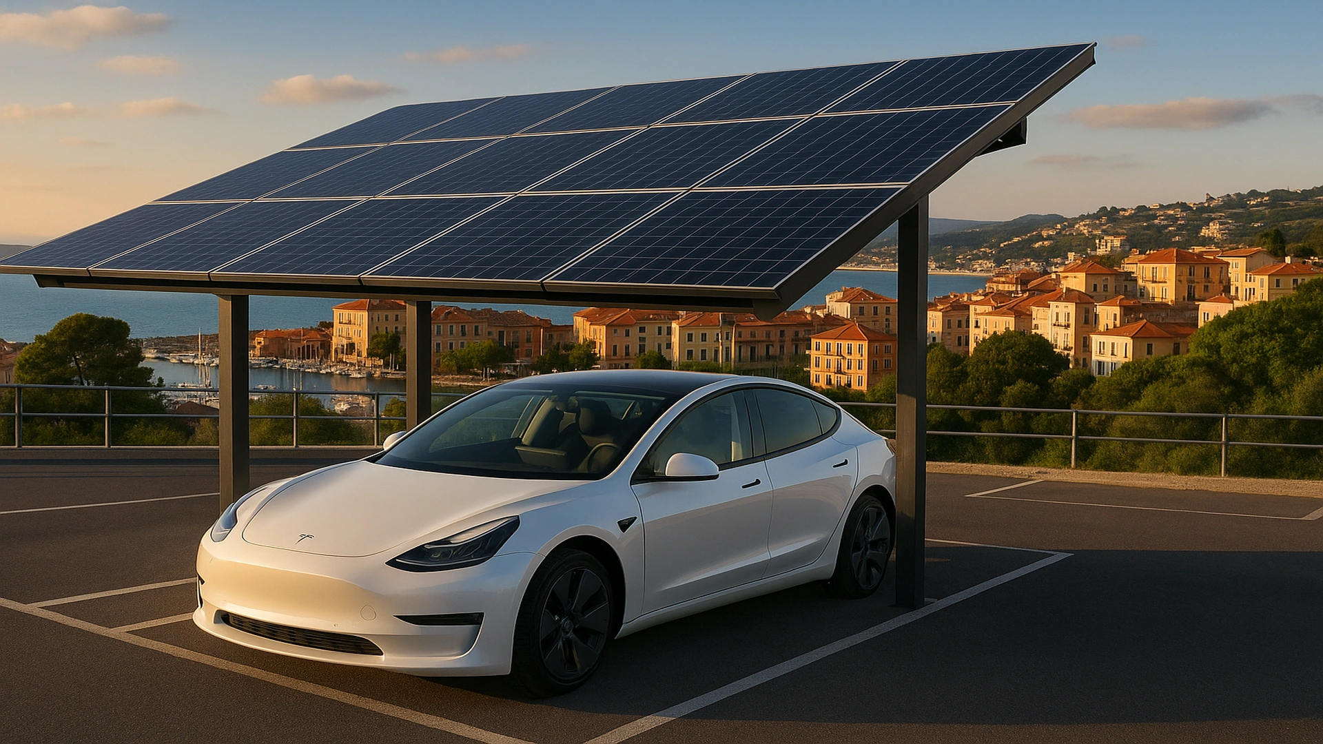 Tetto fotovoltaico a Imperia al tramonto