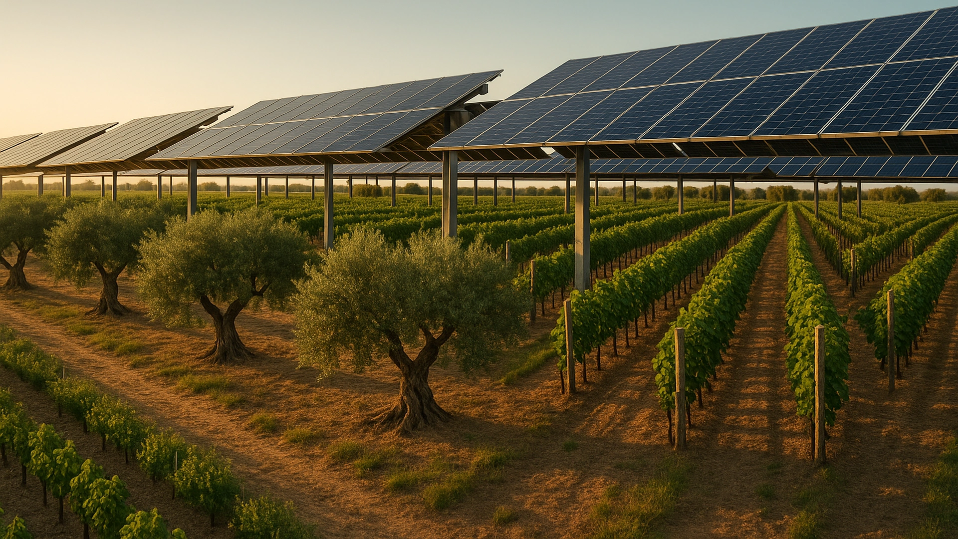 Agrivoltaico in Puglia con ulivi e pensiline solari