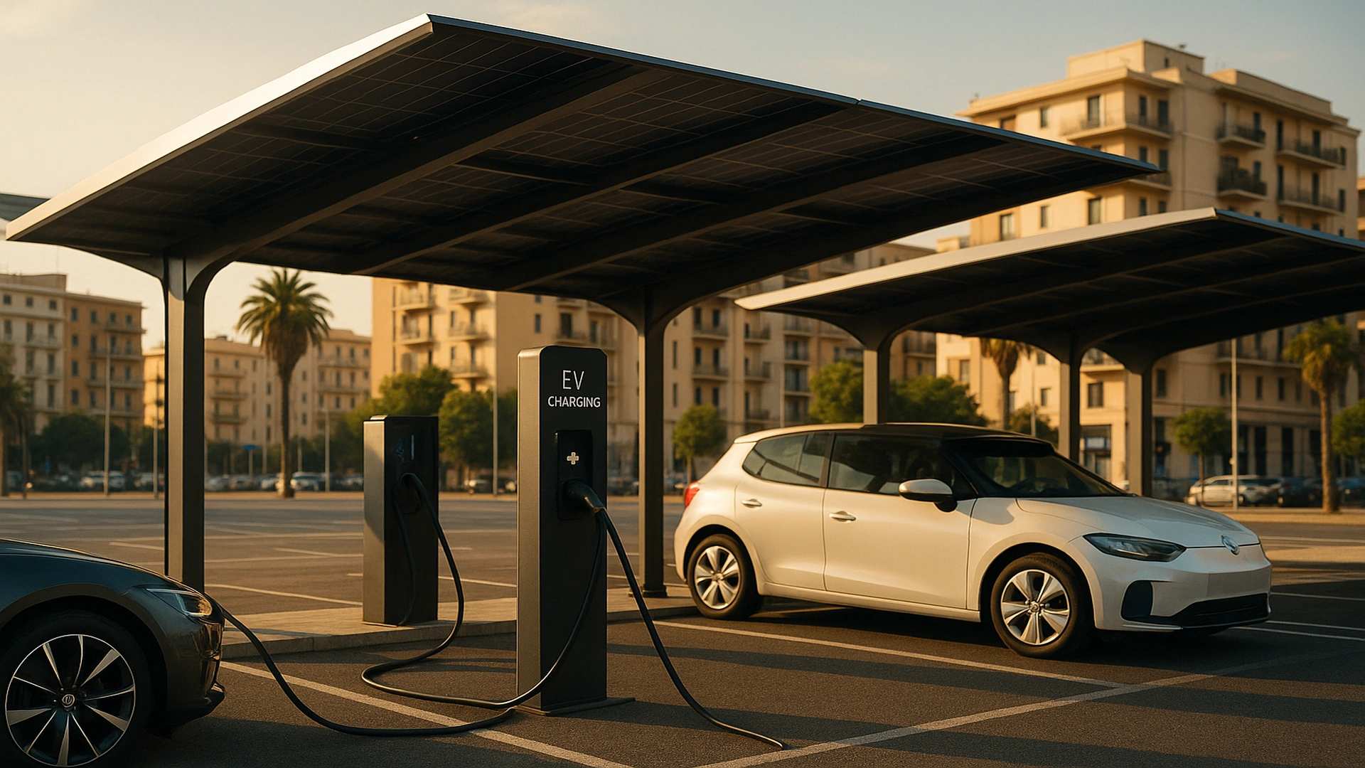 Colonnine EV sotto pensiline fotovoltaiche nel centro di Bari