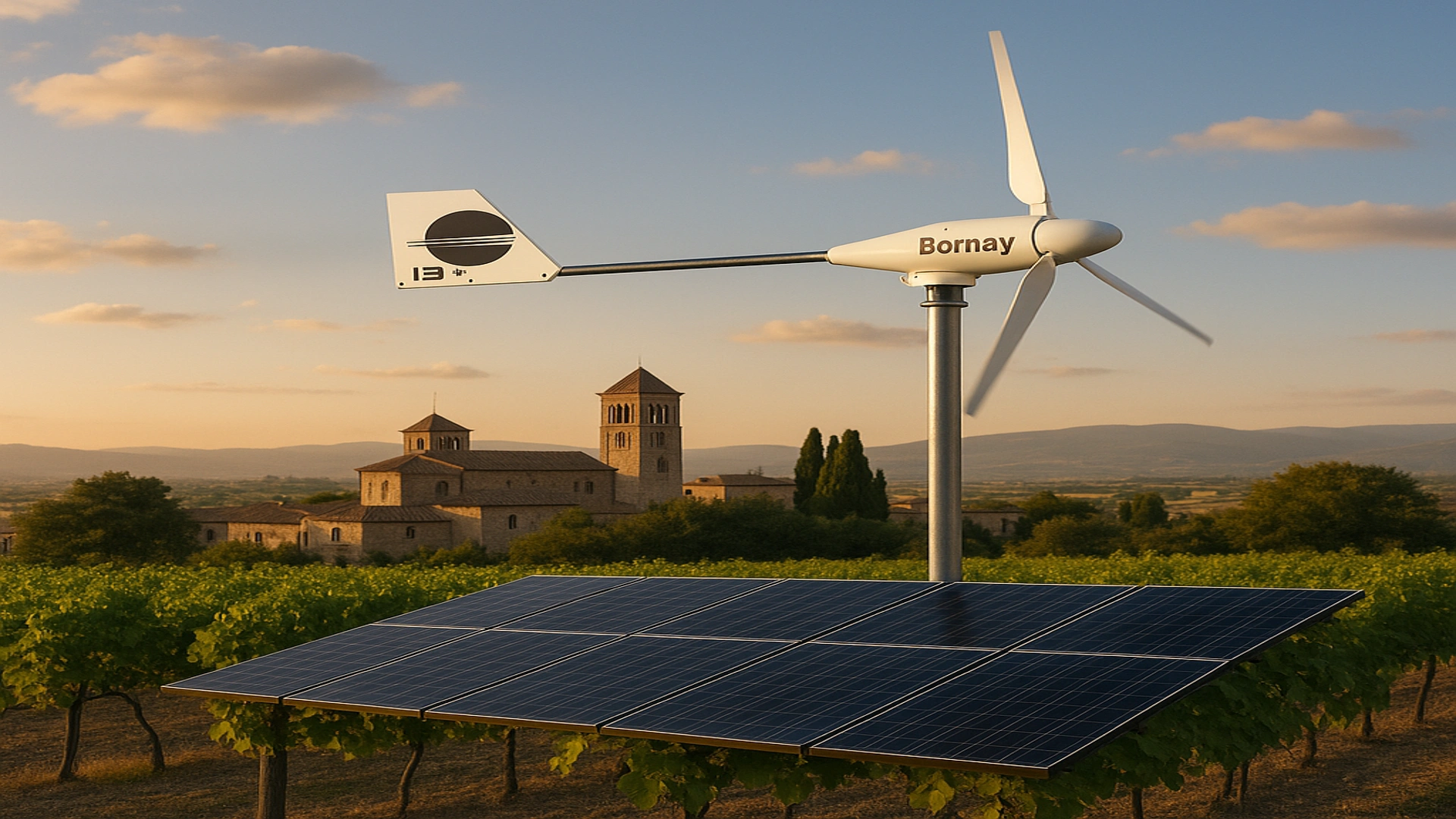 Turbina in vigneto italiano con vista colline e chiesa