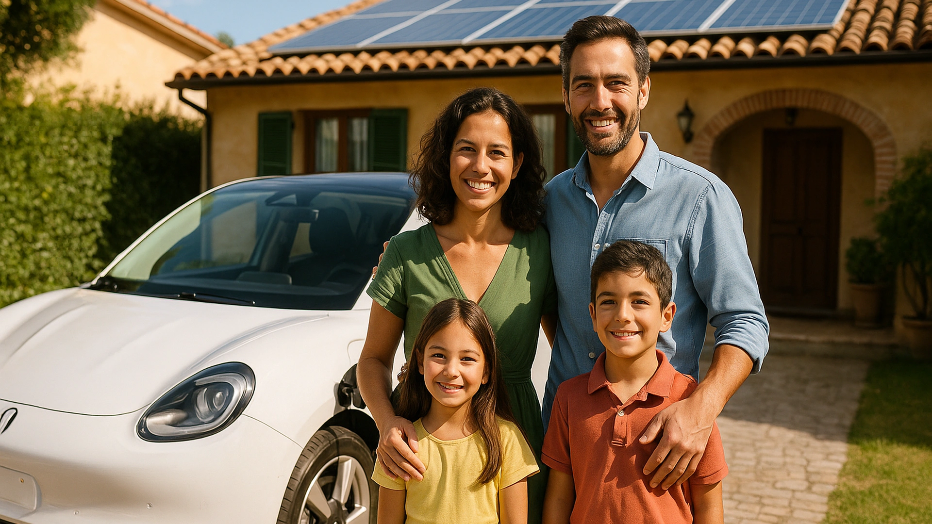 Famiglia con auto elettrica e fotovoltaico