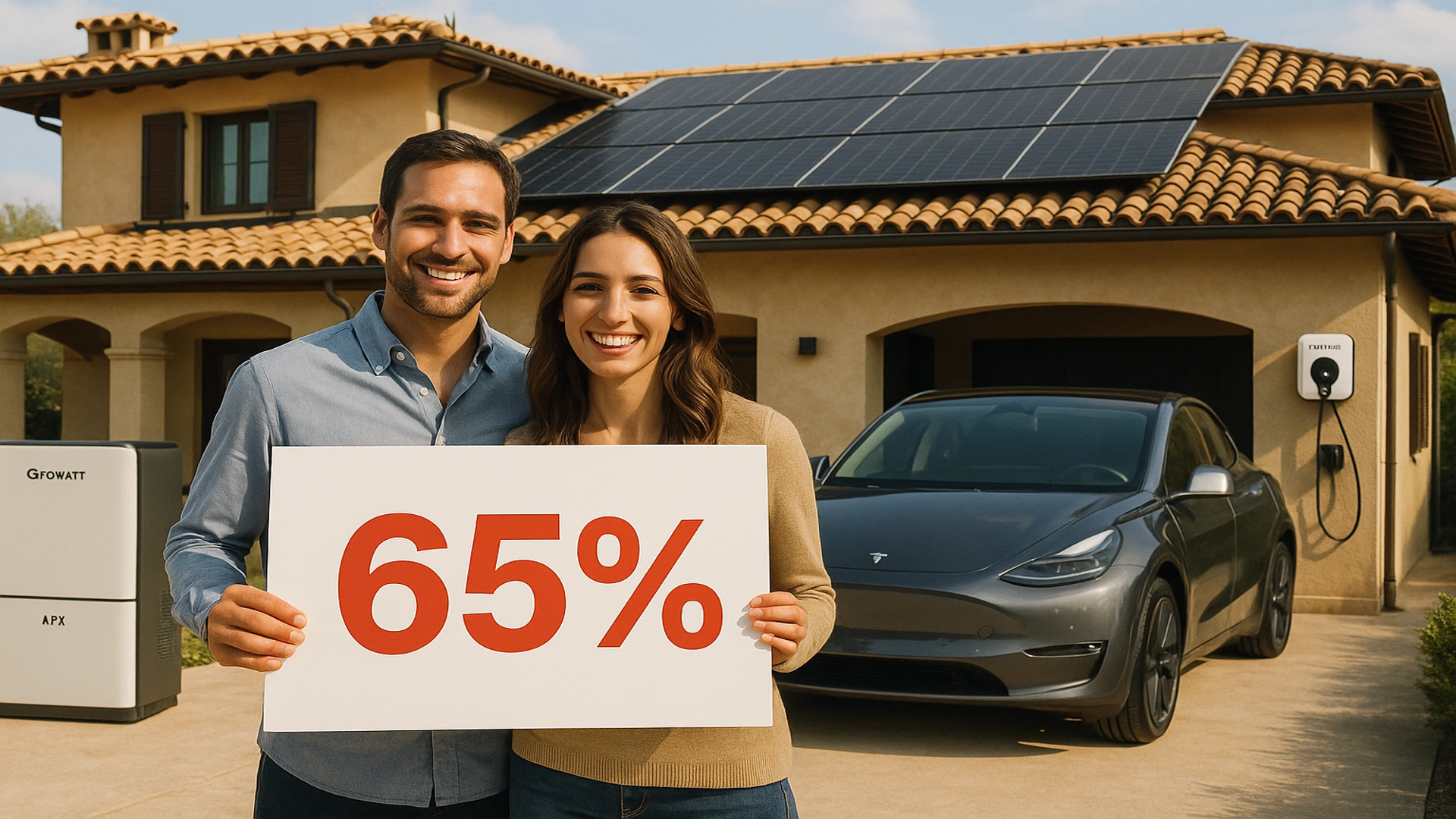 Famiglia con cartello 65% e fotovoltaico