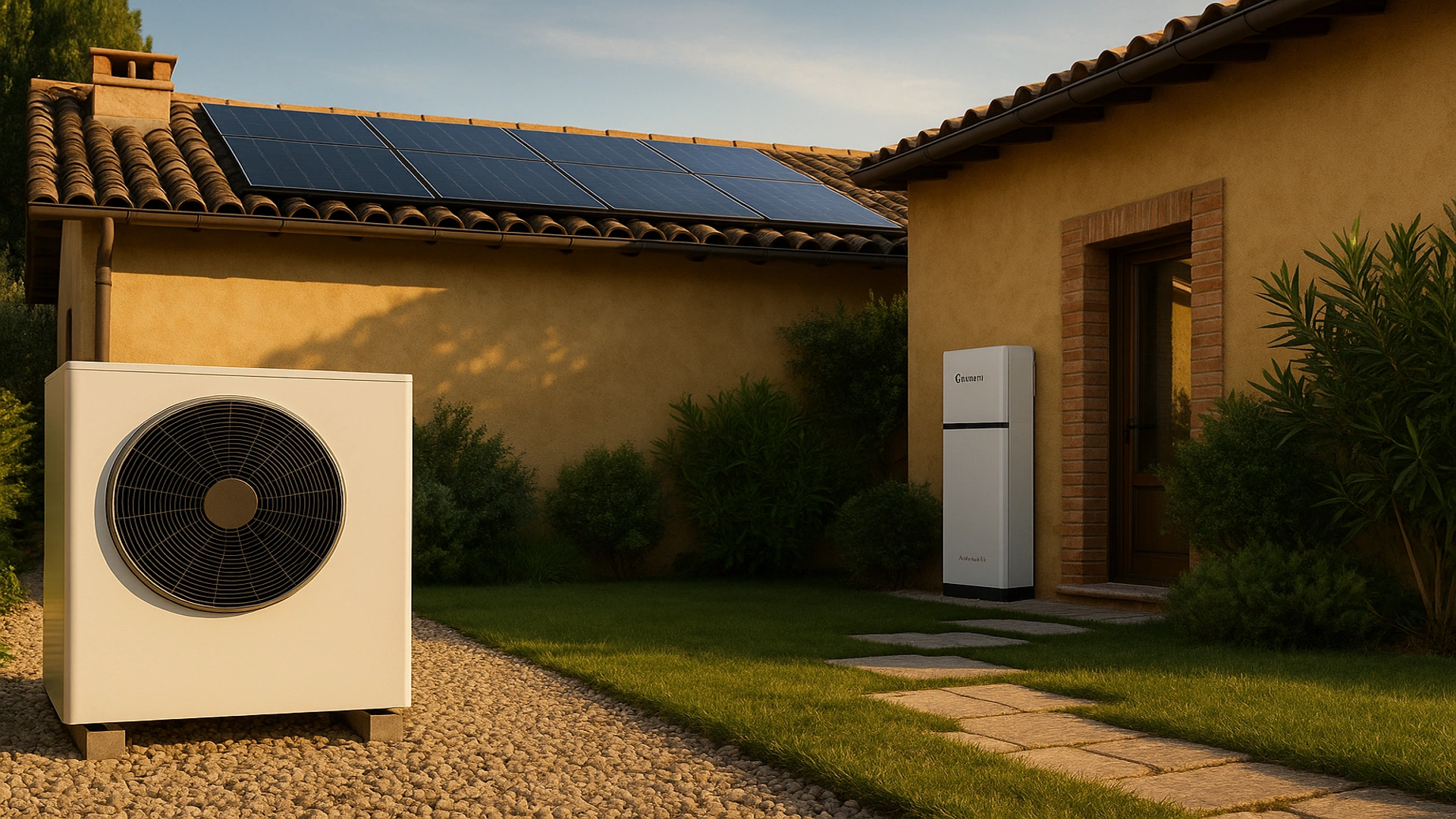 Vista aerea casa indipendente con fotovoltaico e batteria