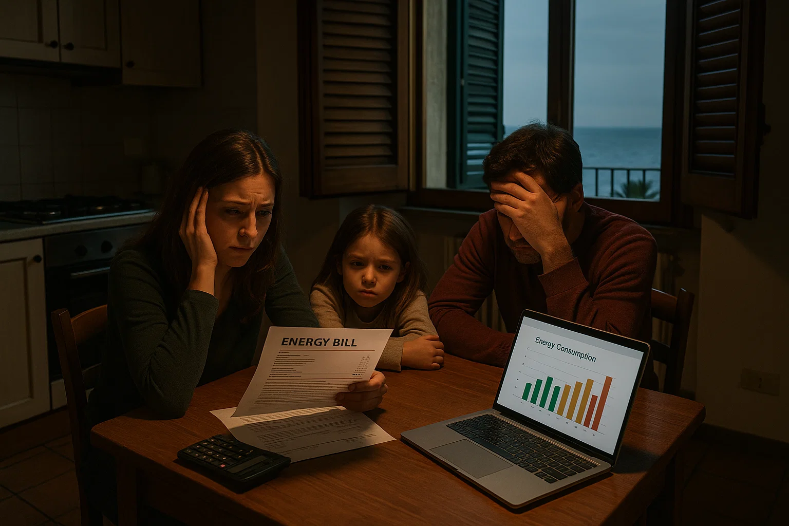 Famiglia preoccupata per la bolletta a Genova