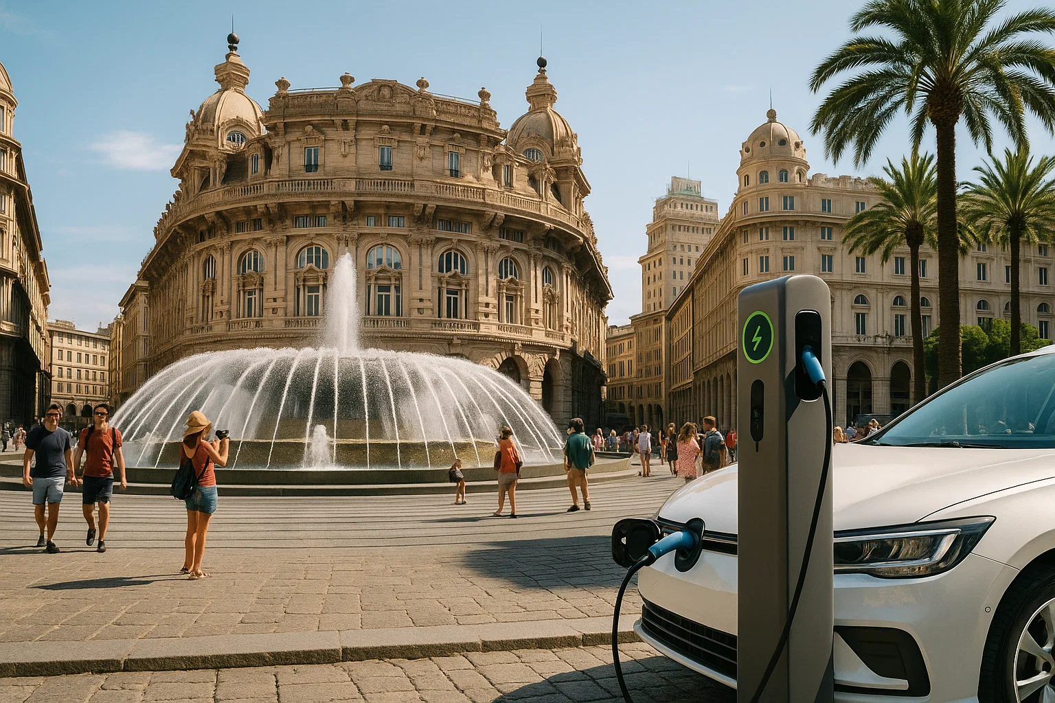 Panorama Genova con colonnine EV Green Mood Italia