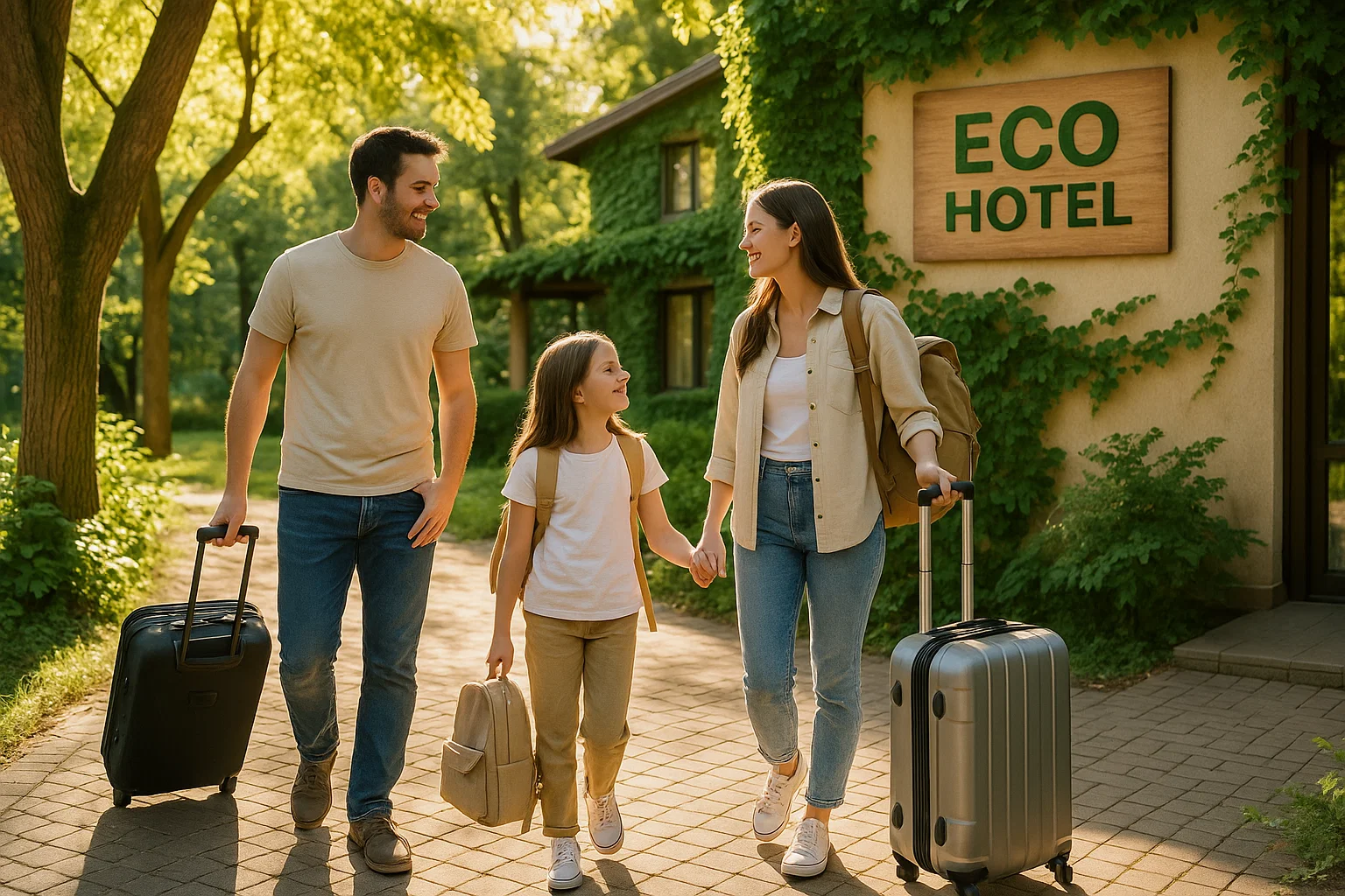 Famiglia felice in hotel sostenibile