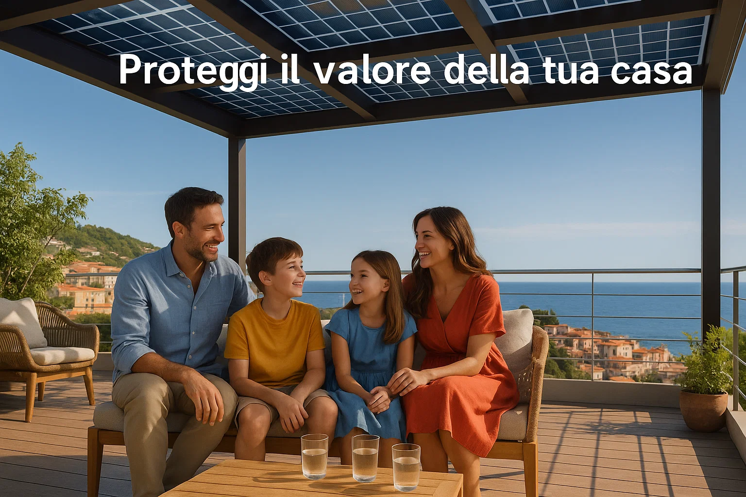 Famiglia su terrazzo con fotovoltaico Savona