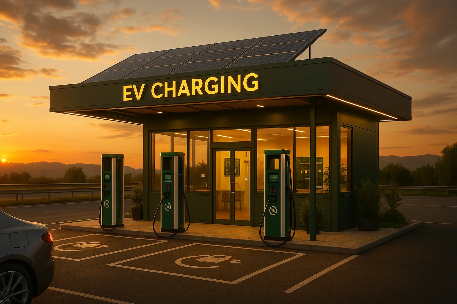 Stazione EV con pannelli solari al tramonto