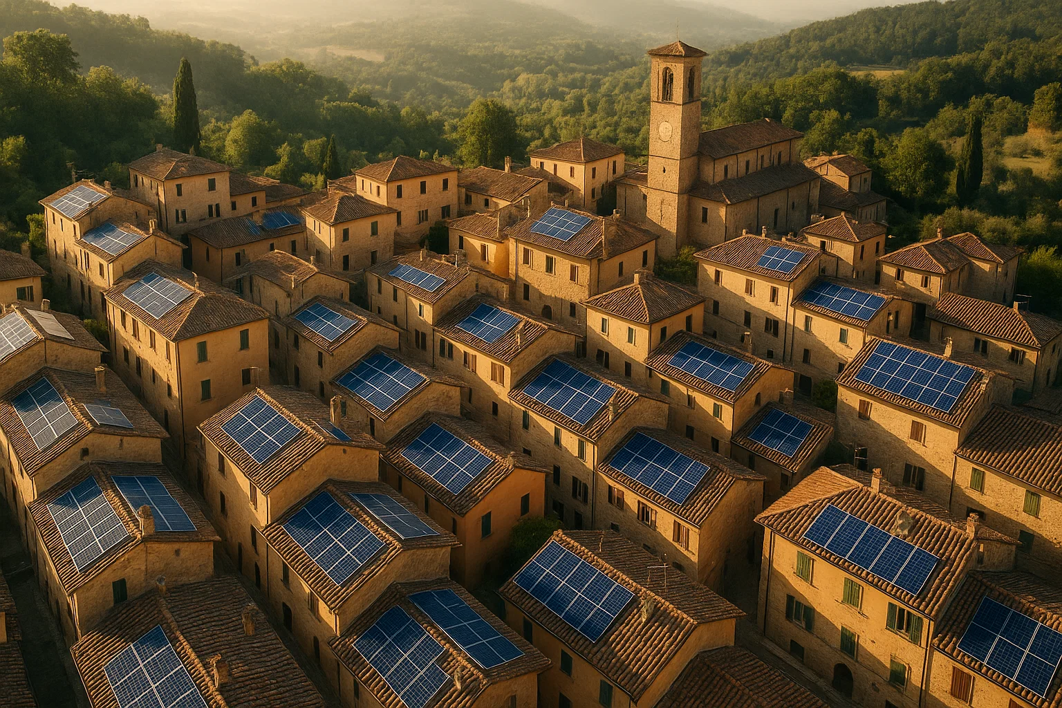 Vista aerea Comune verde con fotovoltaico